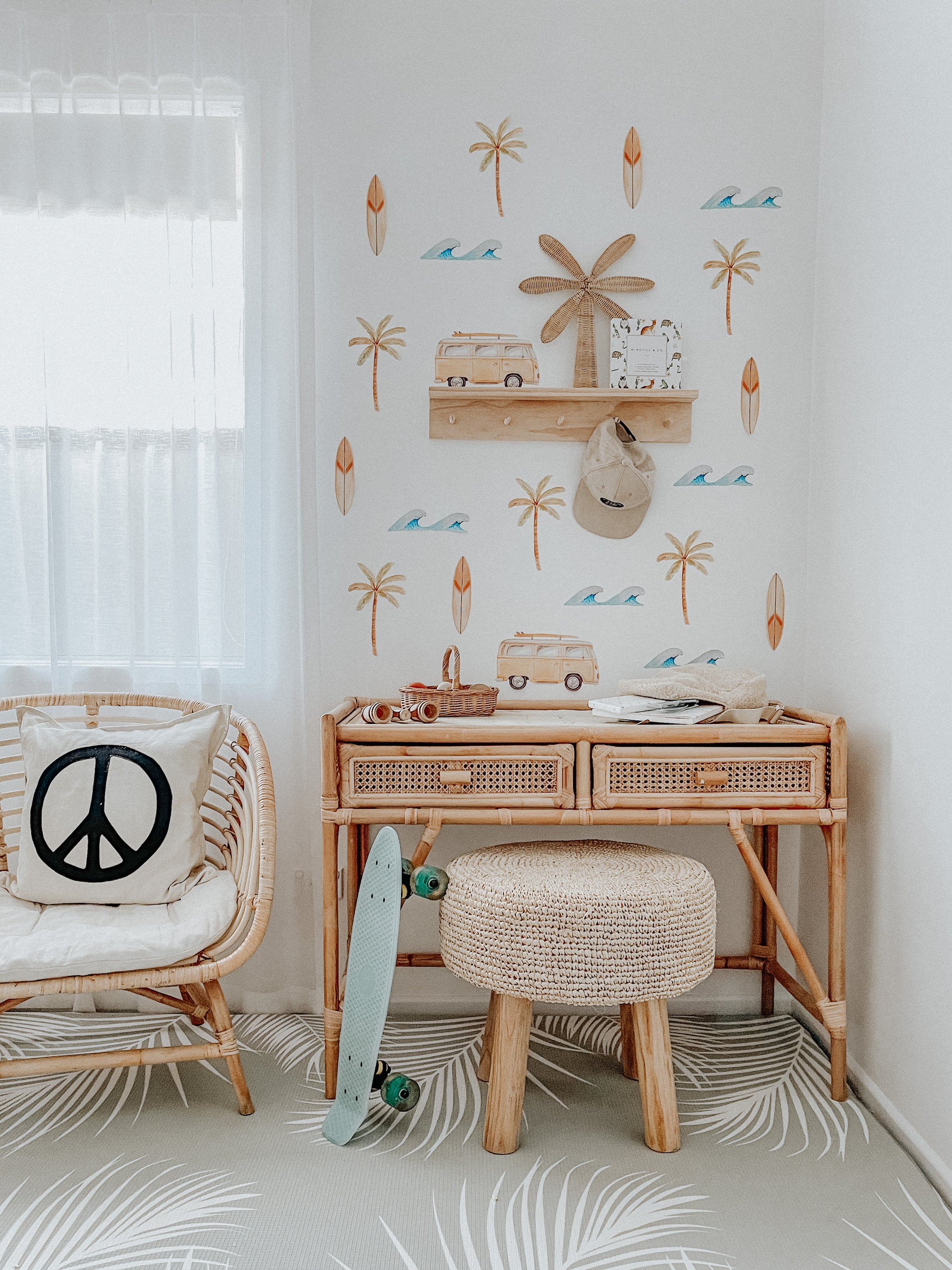 Cure Kids desk area with palm tree, combi, surfboard and wave wall stickers
