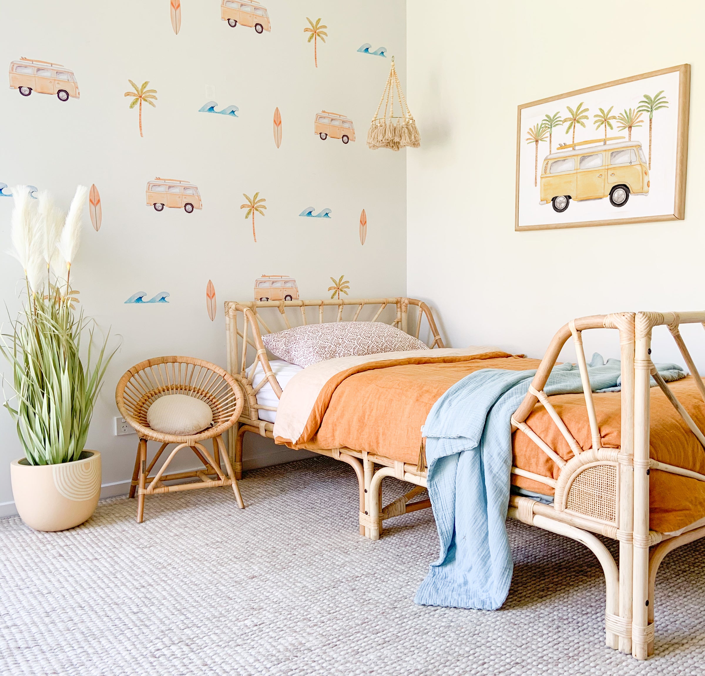 Beach theme wall stickers including Combi's, Palm Trees, Waves, surfboards.