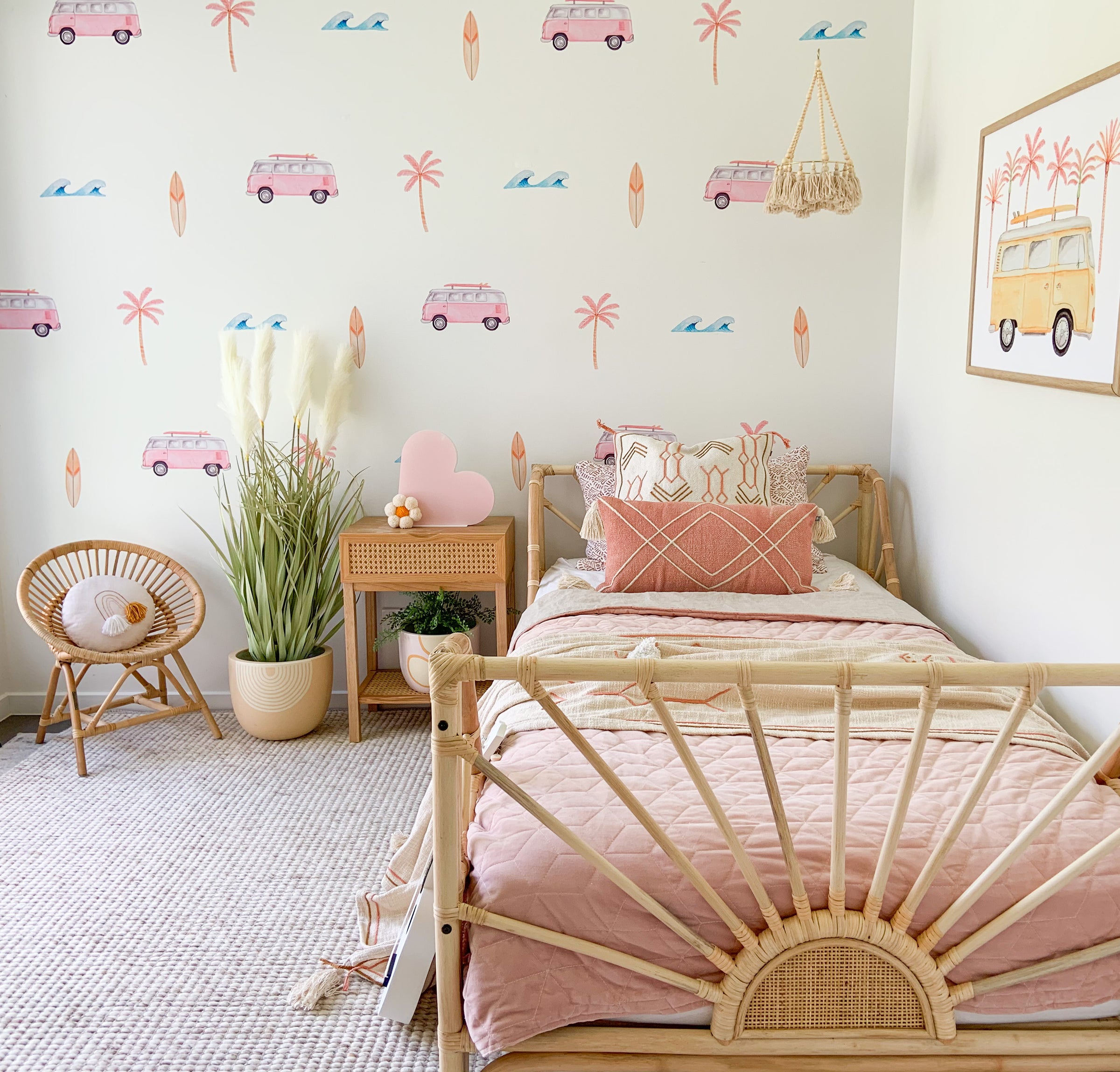 Combi, palm trees, waves and surfboard wall stickers